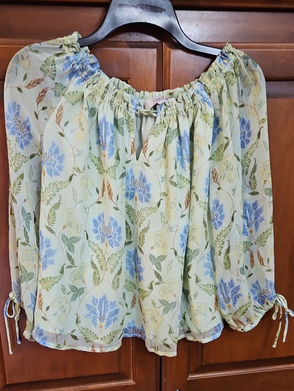 LOFT Sheer Floral Off-Shoulder Blouse in Light Green and Blue